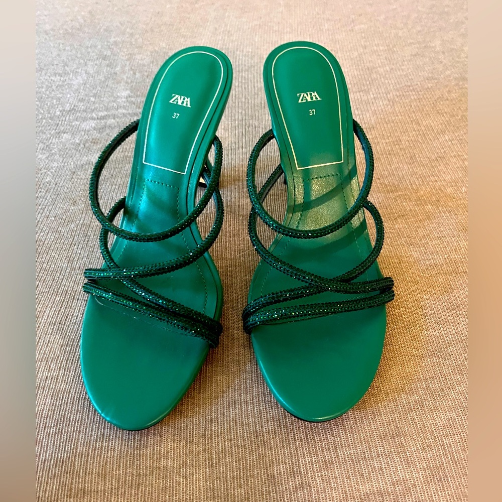 Diamante green strappy heels.